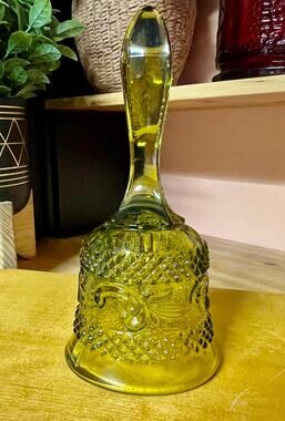 Vintage Italian Olive Green Pressed Glass Dinner Bell - 6" Tall